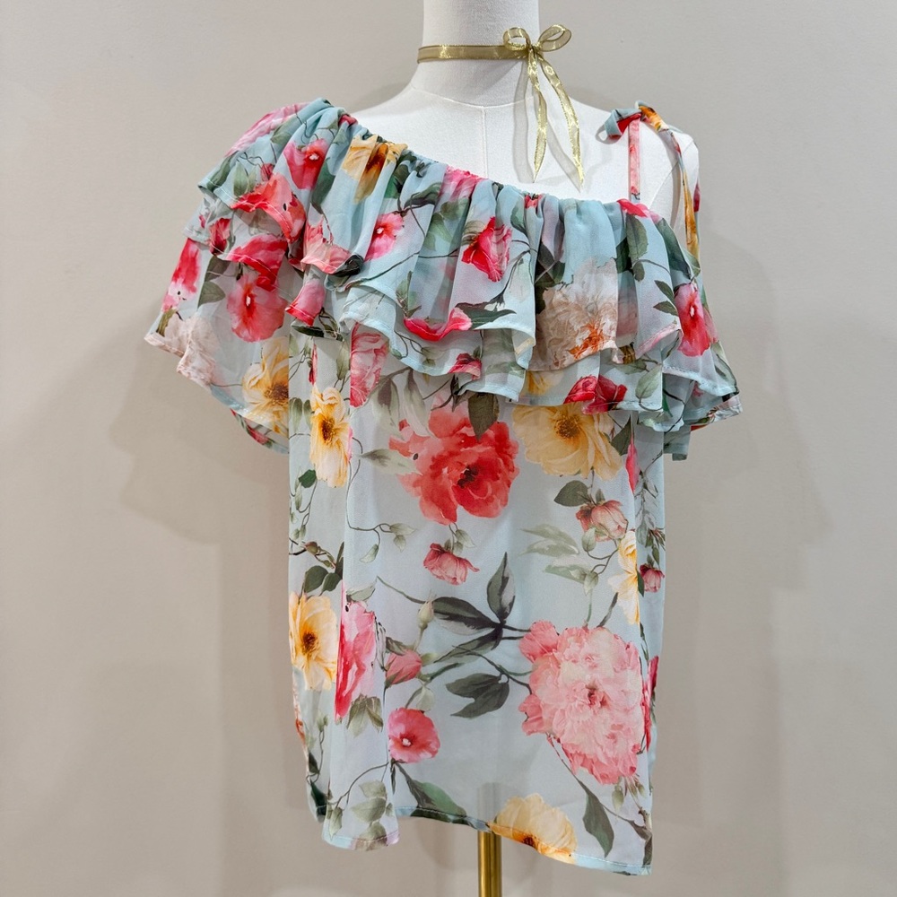 Floral Ruffle Blouse One-Shoulder Top Size S/M Romantic Cottagecore